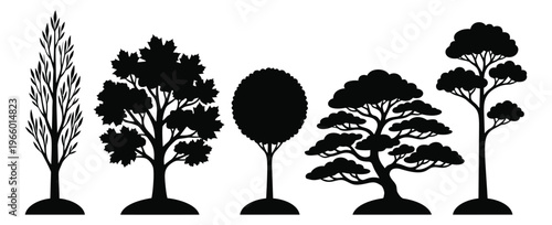 Silhouette icon set of 5 trees featuring birch, maple, round, bonsai and pine varieties for nature and landscape design