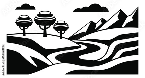 Woodcut illustration of scenic landscape depicting river valley with trees and mountains for nature and travel design