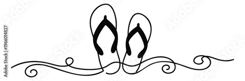 Line art illustration of flip flops depicting beach sandals with decorative swirl divider for summer design