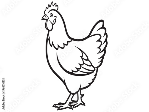 A black and white line drawing of a standing rooster with detailed feathers
