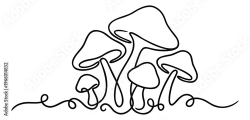 Continuous line art illustration of mushroom cluster depicting whimsical forest fungi group for nature and botanical design