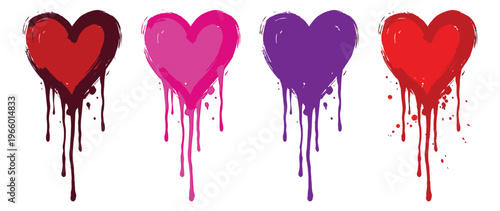 Graffiti icon set of 4 dripping hearts featuring paint splatter and melting effects for Valentine's Day design