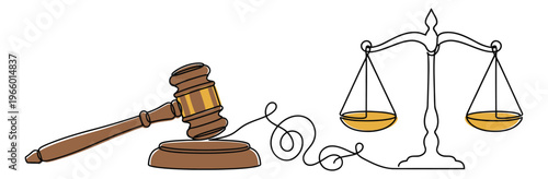 Mixed style illustration of judge gavel and scales of justice depicting legal symbols for law and justice design
