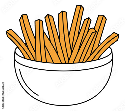 Cartoon illustration of french fries in a bowl depicting crispy fried potato sticks for food and restaurant design