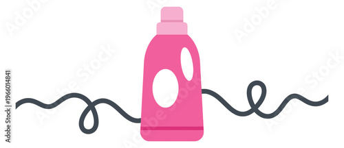 Flat illustration of a pink detergent bottle depicting laundry cleaning product with decorative swirl for household design