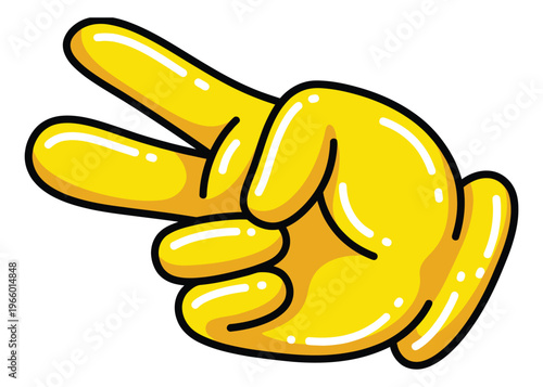 Cartoon illustration of yellow gloved hand depicting peace sign gesture for fun and communication design