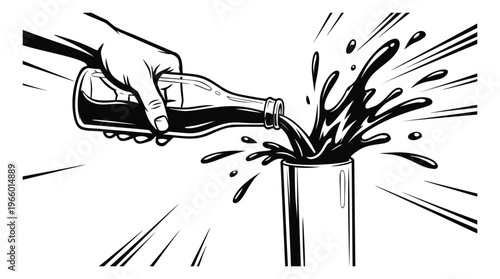 Woodcut illustration of a hand pouring a bottle into a cup depicting liquid splashing and overflowing for bar and beverage design