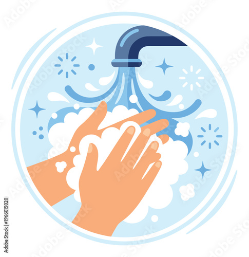Flat illustration of hands washing with soap depicting hygiene and cleanliness for health and medical design