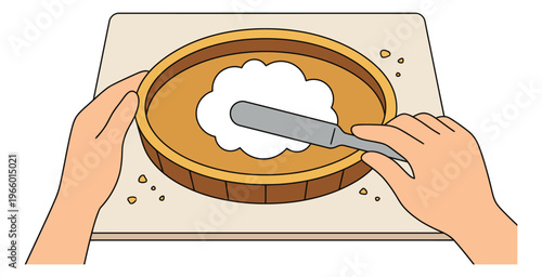 Cartoon illustration of hands spreading whipped cream on a pie depicting baking preparation for food and recipe design