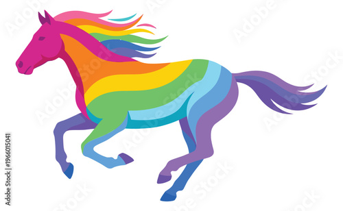 Flat illustration of a rainbow colored horse depicting a galloping stallion in vibrant multicolor for kids and pride design