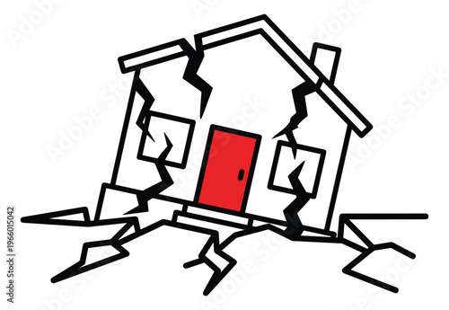 Cartoon illustration of a damaged house depicting earthquake destruction and structural collapse for disaster and insurance design