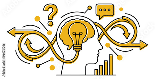 Line art illustration of human head with brain and lightbulb depicting creative thinking and problem solving for business and education design