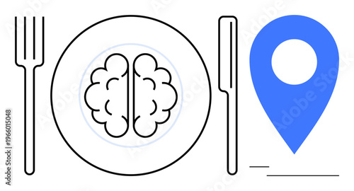 Food for thought, mind nourishment, nutrition, dining ideas, location services, and conceptual eating. Brain illustration on a plate, fork knife and a blue map pin. Mind nourishment and location