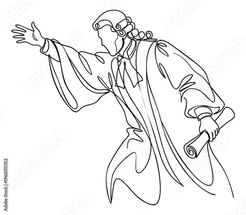 One line art illustration of a judge or lawyer depicting a dynamic pose holding a scroll for legal and justice design