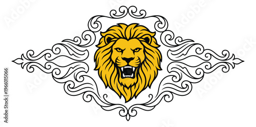 Cartoon illustration of a roaring lion head depicting a fierce mascot with ornate decorative scroll frame for heraldic and branding design