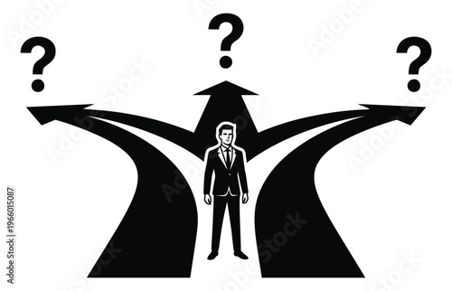 Flat silhouette illustration of businessman standing at three way crossroads depicting difficult career decision for business and leadership design