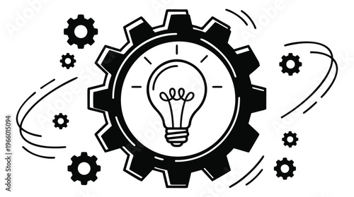 Bold outline illustration of a lightbulb inside a gear depicting creative innovation and mechanical thinking for business and technology design