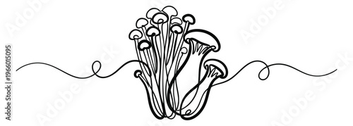 Line art illustration of enoki mushrooms depicting a cluster of slender stems and caps for food and culinary design