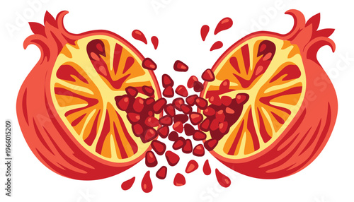 Cartoon illustration of split pomegranate depicting two halves with scattered seeds for food and nutrition design