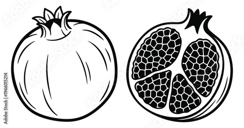 Outline illustration of pomegranate depicting whole and halved fruit with seeds for food and nutrition design