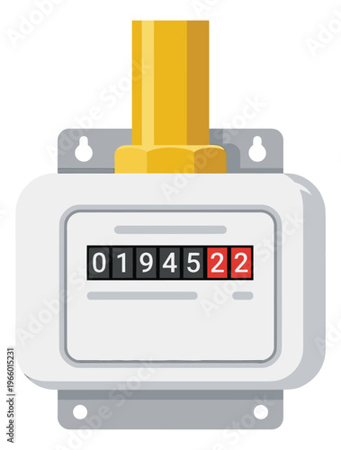 Flat illustration of a residential gas meter depicting utility consumption display for energy and infrastructure design