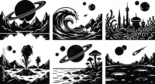 Black and white space panels with ringed planet wave mushrooms volcanic craters and alien city skyline