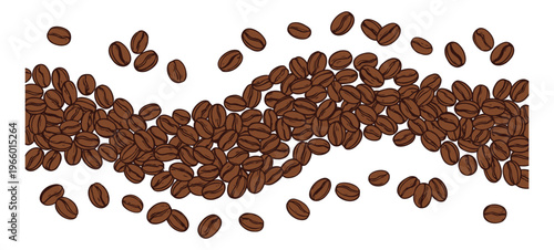 Cartoon illustration of scattered coffee beans depicting a flowing wave arrangement for cafe and food design