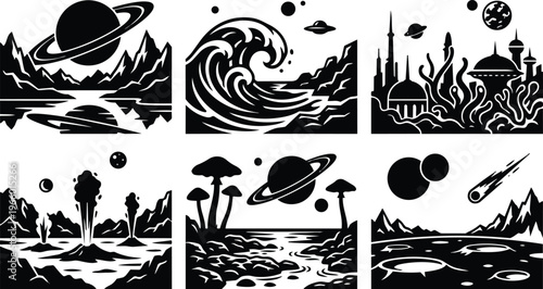 Black and white vector scenes of ringed planet waves mushrooms alien city and cratered moons