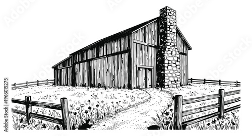Engraving illustration of rustic barn depicting weathered wooden structure with stone chimney and fence for farmhouse design