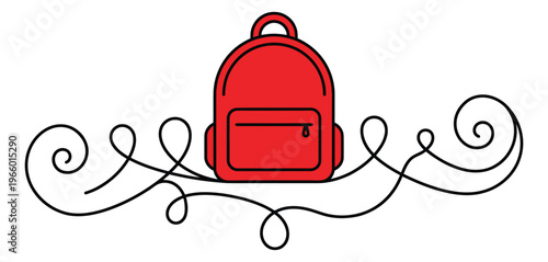 Flat illustration of red school backpack depicting swirling decorative lines for education and back to school design