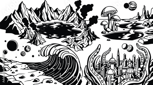 Line art alien landscapes with volcanic lake mushroom forest tidal wave and tentacle city