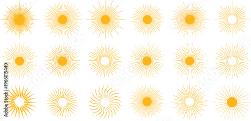Golden yellow sunburst icons collection, radiant sunshine rays design set, glowing solar energy symbols, decorative summer light illustration, stylized graphic elements