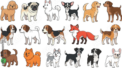 Cartoon Dog and Fox Set with Various Breeds, Poses, and Accessories