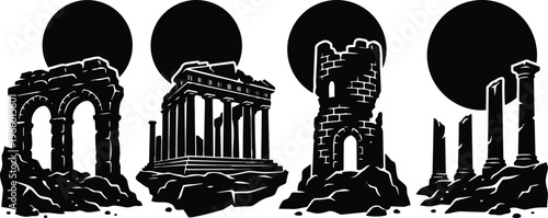 Black and white ruin silhouettes with temple tower arch column backlit by circular moons