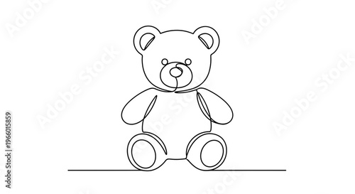 Continuous line art of cuddly teddy bear with nostalgic mood signifying soft comfort against transparent backdrop