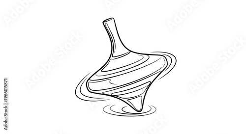 Dynamic line drawing of classic spinning top, black on transparent, symbolizing centrifugal force and playful velocity