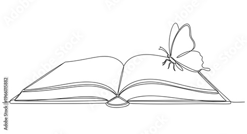 Continuous linear sketch of unfolded manuscript and perched lepidoptera, monochrome aesthetic, signifying cognitive evolution and intellectual liberation