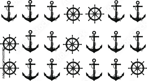 Nautical seamless pattern, anchors with rope, ship steering wheels, maritime vector design, black silhouette artwork, ocean navigation, marine decorative background