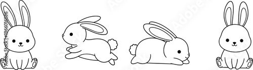 Cute bunny outline illustration set with jumping and sitting rabbits, simple line art adorable animal characters coloring page vector design