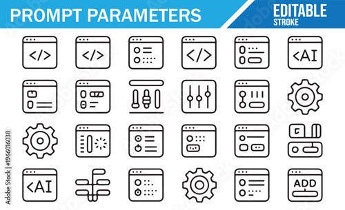 Prompt Parameters Icons Set with AI Settings, Input Controls, Algorithm Configuration, User Interface Elements and Machine Learning Optimization Illustration