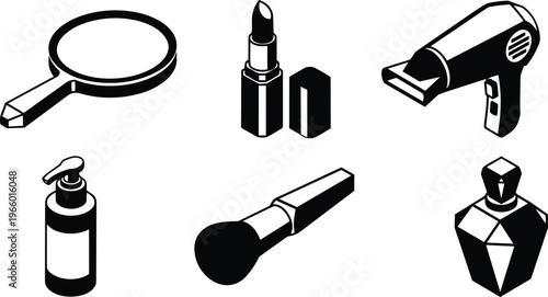 Isometric black and white makeup icons set showing mirror lipstick hair dryer brush pump bottle and perfume