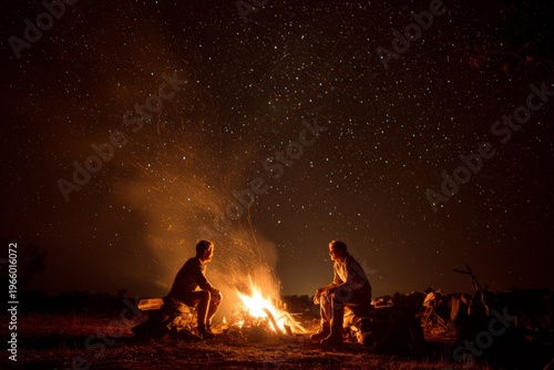Two people sit by a campfire under a star filled night sky.