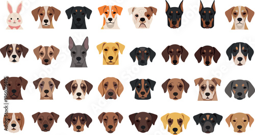 Cartoon Dog and Rabbit Faces in Various Breeds, Including Beagle, Rottweiler, Doberman, Dachshund, and More