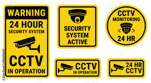 Yellow cctv warning signs set with security camera icons collection.