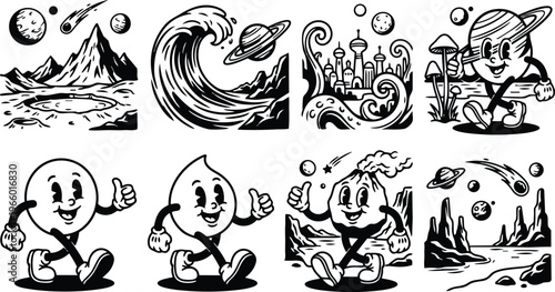 Retro space mascot characters and four planetary scenes in black and white line art