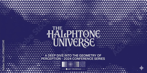 Modern blue conference banner for a deep dive into halftone and geometry
