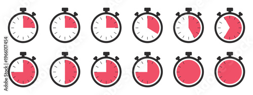 Stopwatch icon set in red color on white background, collection of countdown timer and clock symbols, vector illustration of stopwatch icons for time tracking, urgency
