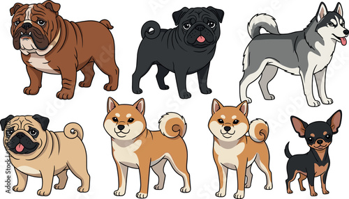 Cartoon Dog Breeds Set with Bulldog, Pug, Husky, Shiba Inu, and Chihuahua