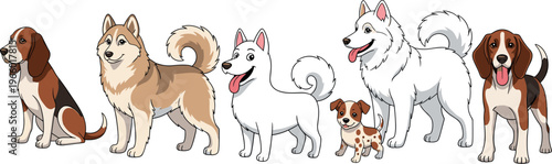 Cartoon Dog Breeds Collection with Beagle, Husky, Shiba Inu, Pomeranian and More