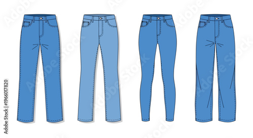 Four pairs of blue denim jeans are displayed in a technical fashion illustration silhouette high quality professional detailed modern elegant stylish